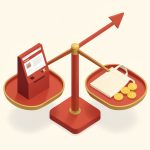 Isometric balance scale weighing a small kiosk screen against a folded apron and coins, with a subtle upward arrow
