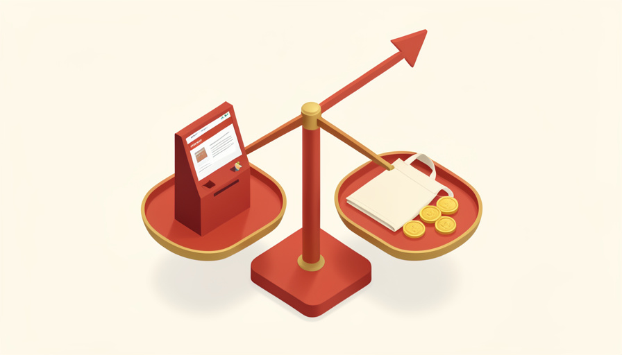 Isometric balance scale weighing a small kiosk screen against a folded apron and coins, with a subtle upward arrow