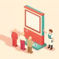 Isometric self-order kiosk with a short line of simple figures and a small staff figure beside it offering help