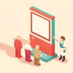 Isometric self-order kiosk with a short line of simple figures and a small staff figure beside it offering help