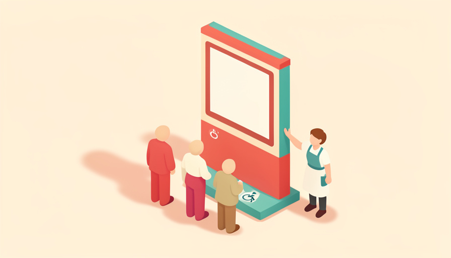 Isometric self-order kiosk with a short line of simple figures and a small staff figure beside it offering help