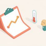 Isometric illustration of a clipboard with a temperature line chart beside a stick thermometer and a forehead scanner, representing a fever tracker fed by different thermometers