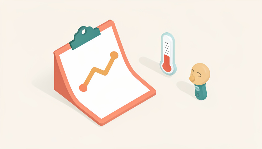 Isometric illustration of a clipboard with a temperature line chart beside a stick thermometer and a forehead scanner, representing a fever tracker fed by different thermometers