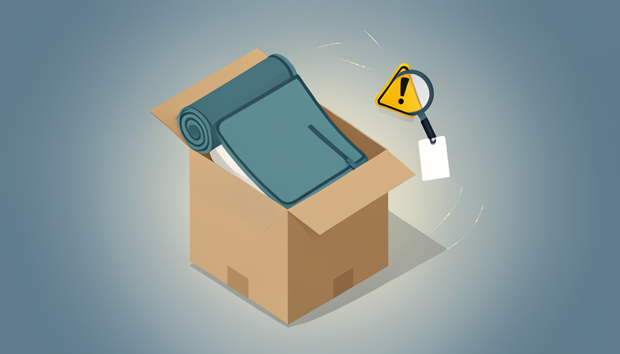 Isometric rolled mattress in a cardboard box with a warning triangle, a magnifying glass, and a blank care-label tag, on fiberglass in a mattress in a box