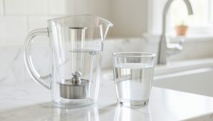A clear glass water filter pitcher and a full glass of water on a marble kitchen counter by the sink