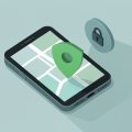 Isometric phone showing a location pin inside a shield, with a small tag tracker and a lock icon, on Find My tracking abuse settings