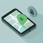 Isometric phone showing a location pin inside a shield, with a small tag tracker and a lock icon, on Find My tracking abuse settings