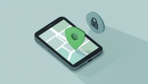 Isometric phone showing a location pin inside a shield, with a small tag tracker and a lock icon, on Find My tracking abuse settings