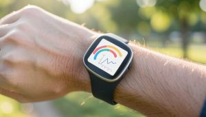 A fitness tracker on a wrist showing abstract activity rings after a workout