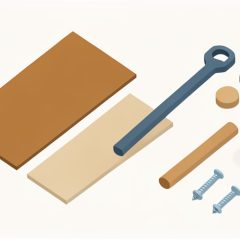 Isometric flat-pack furniture parts laid out: two wood panels, a hex key, wooden dowels, cam-lock discs, and screws, representing common assembly mistakes