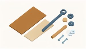 Isometric flat-pack furniture parts laid out: two wood panels, a hex key, wooden dowels, cam-lock discs, and screws, representing common assembly mistakes