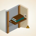 Isometric cutaway wall showing studs behind drywall, a floating shelf anchored to a stud holding books, and a warning sign where an anchor pulls loose, on floating shelf stud safety