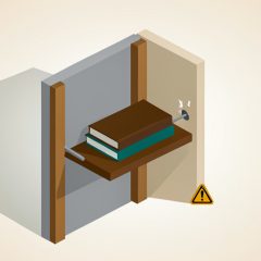 Isometric cutaway wall showing studs behind drywall, a floating shelf anchored to a stud holding books, and a warning sign where an anchor pulls loose, on floating shelf stud safety