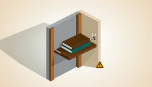 Isometric cutaway wall showing studs behind drywall, a floating shelf anchored to a stud holding books, and a warning sign where an anchor pulls loose, on floating shelf stud safety