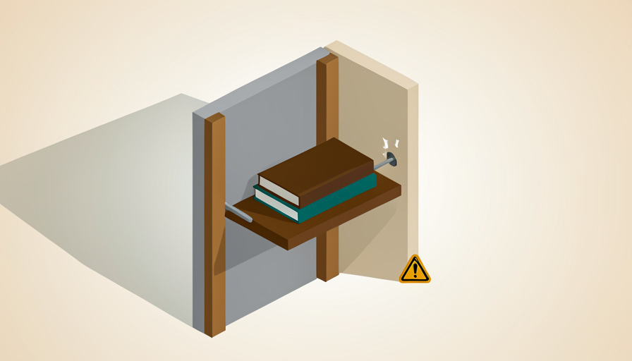 Isometric cutaway wall showing studs behind drywall, a floating shelf anchored to a stud holding books, and a warning sign where an anchor pulls loose, on floating shelf stud safety