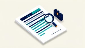 Isometric contract document with clause lines, a magnifying glass, and a briefcase, representing contract clauses to check before hiring a fractional CMO