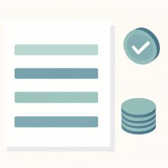 Isometric invoice document with plain line rows, a checkmark badge, and a stack of coins, representing free invoice tools with no monthly subscription
