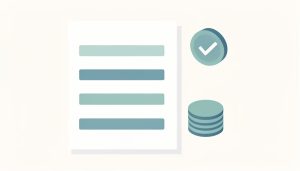 Isometric invoice document with plain line rows, a checkmark badge, and a stack of coins, representing free invoice tools with no monthly subscription
