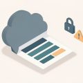 Isometric illustration of a document uploading into a cloud beside a padlock and a warning triangle, representing the data privacy risk of free online PDF converters