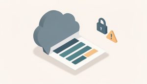 Isometric illustration of a document uploading into a cloud beside a padlock and a warning triangle, representing the data privacy risk of free online PDF converters