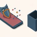 Isometric phone with a shield and a disguise mask behind it, with data leaking to a collection box, representing warning signs of a data-harvesting free VPN