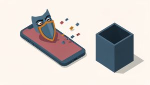 Isometric phone with a shield and a disguise mask behind it, with data leaking to a collection box, representing warning signs of a data-harvesting free VPN