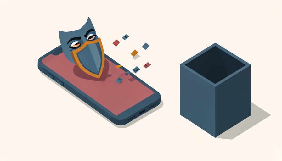 Isometric phone with a shield and a disguise mask behind it, with data leaking to a collection box, representing warning signs of a data-harvesting free VPN