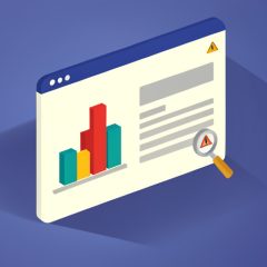 Isometric analytics dashboard with one red spiking bar, a data table with a blank placeholder row, a magnifying glass, and a warning triangle, representing GA4 (not set) spikes