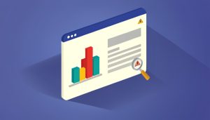 Isometric analytics dashboard with one red spiking bar, a data table with a blank placeholder row, a magnifying glass, and a warning triangle, representing GA4 (not set) spikes
