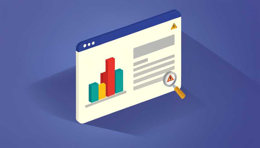 Isometric analytics dashboard with one red spiking bar, a data table with a blank placeholder row, a magnifying glass, and a warning triangle, representing GA4 (not set) spikes