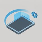 Isometric foldable phone mid-unfold with a motion arc and a small gear icon, representing a custom unfolding animation on a foldable device
