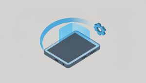 Isometric foldable phone mid-unfold with a motion arc and a small gear icon, representing a custom unfolding animation on a foldable device