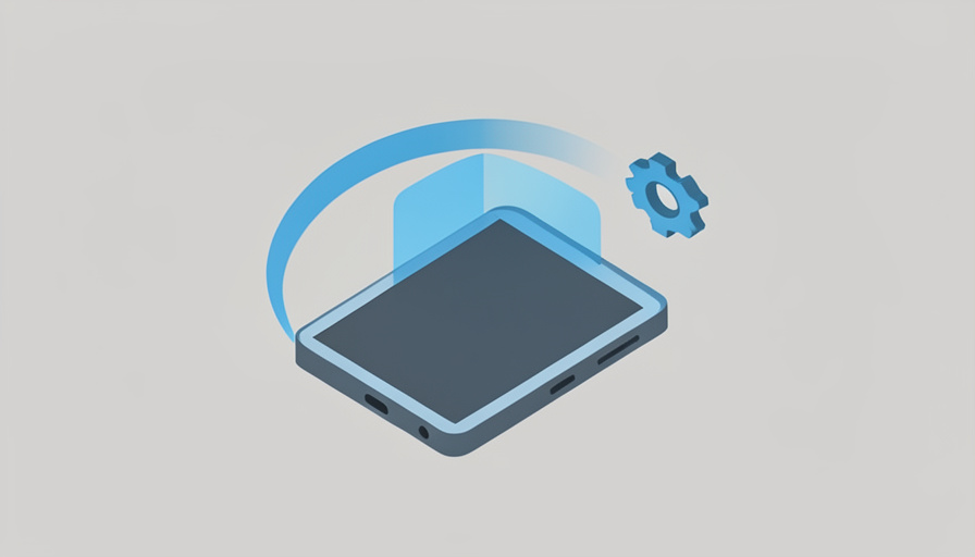 Isometric foldable phone mid-unfold with a motion arc and a small gear icon, representing a custom unfolding animation on a foldable device