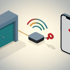 Isometric garage door, a wifi router with a broken link, and a phone showing an offline status, on fixing a smart garage door opener that is offline after a new router