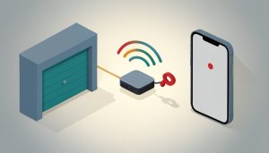 Isometric garage door, a wifi router with a broken link, and a phone showing an offline status, on fixing a smart garage door opener that is offline after a new router