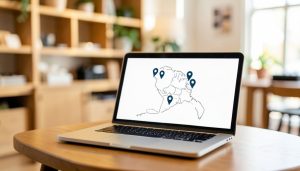 A laptop on a counter showing a stylized map with location pins in a small shop