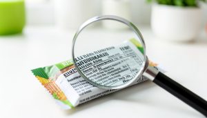 A packaged protein snack bar viewed through a magnifying glass over its nutrition label, representing close scrutiny of GLP-1 friendly snack claims