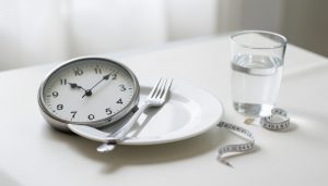 A clock beside an empty plate with a fork and knife, a glass of water, and a measuring tape on a table