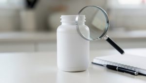 A plain white unlabeled supplement bottle with a magnifying glass held over the blank label, beside a notebook on a counter