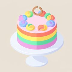 Isometric bright rainbow-colored celebration cake on a stand with a small broken-ring topper, representing a custom divorce party cake order
