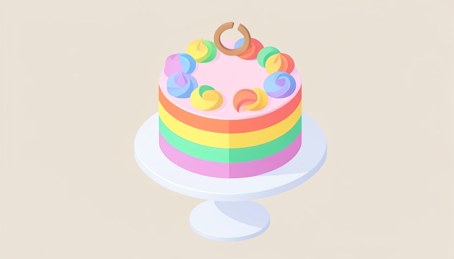 Isometric bright rainbow-colored celebration cake on a stand with a small broken-ring topper, representing a custom divorce party cake order