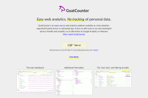 GoatCounter home page showing a simple open-source web analytics dashboard