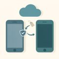 Isometric pair of phones with a cloud and sync arrows moving a security token from an old phone to a new one, plus a luggage tag, for authenticator cloud backup while traveling