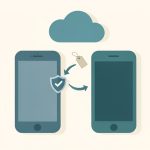 Isometric pair of phones with a cloud and sync arrows moving a security token from an old phone to a new one, plus a luggage tag, for authenticator cloud backup while traveling