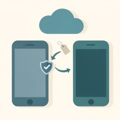 Isometric pair of phones with a cloud and sync arrows moving a security token from an old phone to a new one, plus a luggage tag, for authenticator cloud backup while traveling