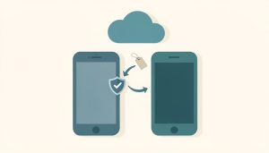 Isometric pair of phones with a cloud and sync arrows moving a security token from an old phone to a new one, plus a luggage tag, for authenticator cloud backup while traveling