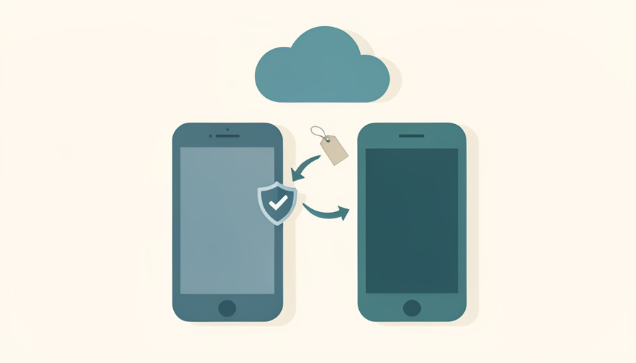 Isometric pair of phones with a cloud and sync arrows moving a security token from an old phone to a new one, plus a luggage tag, for authenticator cloud backup while traveling