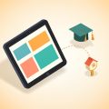 Isometric tablet showing a grid of lesson cards linked to a graduation cap and a home-and-key icon, representing homeschool classroom platforms with parent-managed access