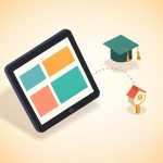 Isometric tablet showing a grid of lesson cards linked to a graduation cap and a home-and-key icon, representing homeschool classroom platforms with parent-managed access