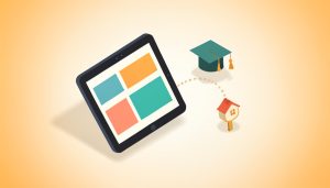 Isometric tablet showing a grid of lesson cards linked to a graduation cap and a home-and-key icon, representing homeschool classroom platforms with parent-managed access